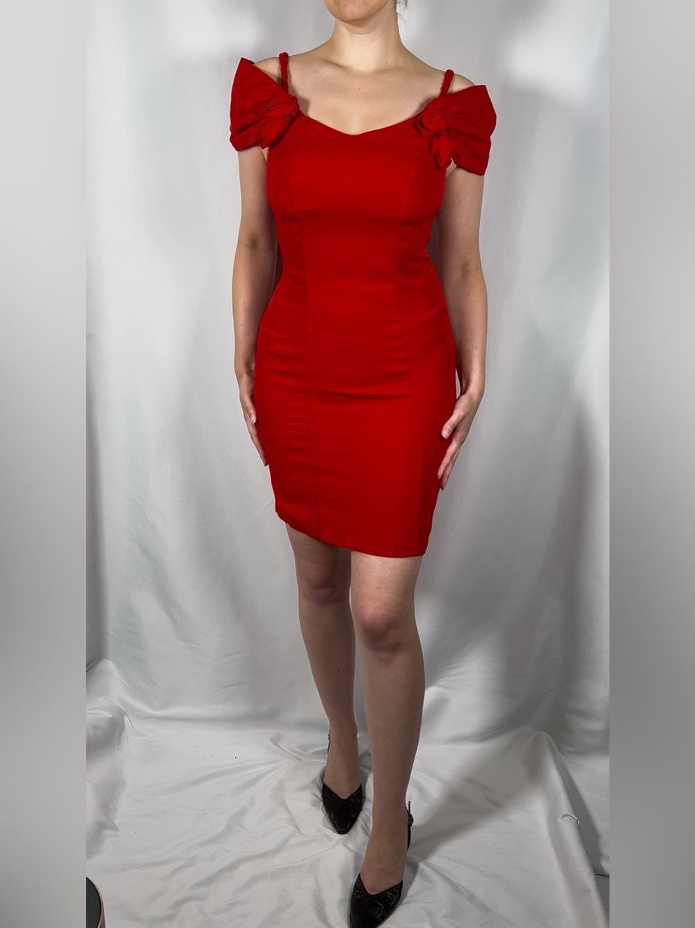 Vintage Red Rosette Off Shoulder Cocktail Party Dress